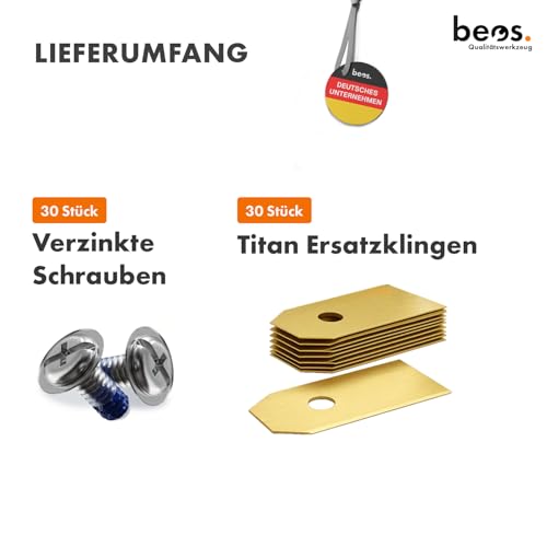 BEOS 30x Premium Titan Ersatzmesser & Schrauben mit Sicherung - Kompatibel mit den Modellen der Mähroboter Marke Ecovacs - Für ein perfektes Schnittbild und einen gesunden Rasen