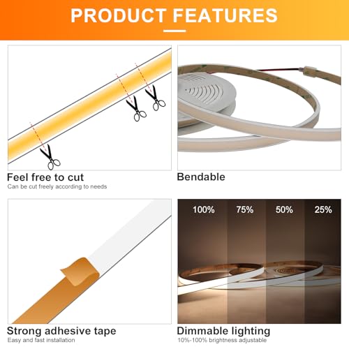 Image of Free Cuttable COB LED Neon Strip Light Waterproof IP68, 12V 16.4ft 4000K Silicone Flexible DIY LED Tape Light for Outdoor Bathroom Swimming Pool Decoration (Without Power Supply)