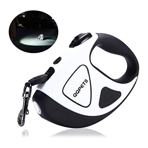 QQPETS Retractable Dog Leash with LED Flashlight for Small Medium Big Breed Dogs, 10/16 ft Extendable Leash, Heavy Duty 360°Tangle Free Nylon Cord Training Running (L (16 FT), Black and White) Cover