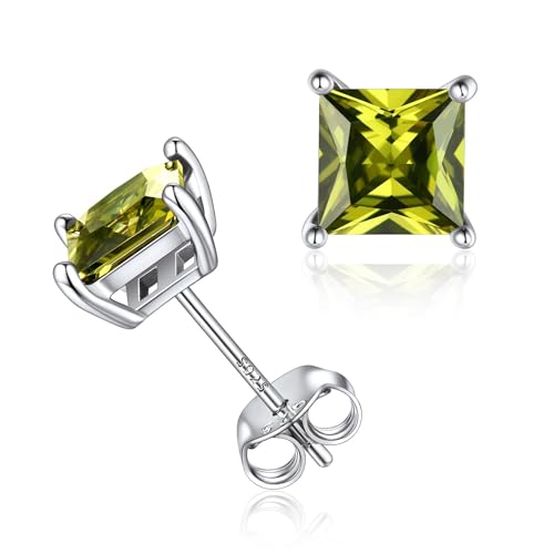 ChicSilver 925 Sterling Silver Earrings Sparkling Heart/Round/Princess Cut Birthstone Earrings for Women Birthday Jewelry with Gift Box A.August(Peridot)-Princess Cut