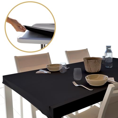 Glop Mantel Mesa Rectangular 182x76, Tela Negro Elástico, Ajustable, Repelente al Agua, Antiarrugas, Ideal para Exterior, Jardín, Camping y Ajuste Elastico para Funda Mesa Plegable, Resistente