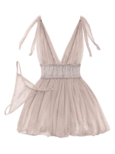 Image of Lilosy Sexy Polka Dots Mesh Sheer Lace Babydoll Chemise Lingerie Set Floral Sleep Wear