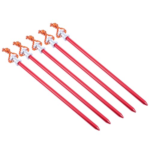 5 piezas Estacas de Camping de Aluminio Rojo con Cuerdas, clavijas resistentes para tienda de campaña, toldos, playa, nieve y hielo, anclas compactas y fuertes para montaje seguro