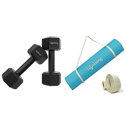Image of Lifelong PVC Hex Fixed Dumbbells Pack of 2 (4kg*2) Black Color & Lifelong LLYM93 Yoga mat for Women & Men EVA Material 4mm Sea Blue Anti Slip for Gym Workout