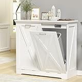 TOLEAD Double Tilt Out Trash Can Cabinet 10 Gallon,Farmhouse Style Kitchen Trash Cabinet with Barn Door, Solid Wood Tabletop, Pet Proof, Odor Blocking, Laundry Cabinet Keep Clean(White)