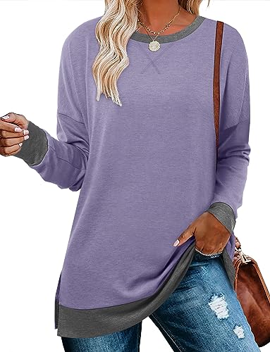 BETTE BOUTIK Women's Drop Long Sleeve Sweatshirts Casual Crewneck Tunic Tops Sweartshirts With Side Slits S-3XL