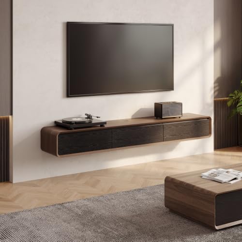 POVISON 78" Fully Assembled Wood Floating TV Stand, Walnut and Black