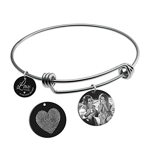 Dreambell Love You to The Moon and Back Personalized Fingerprint Photo Engrave Dangle Charm Adjustable Wire Bangle Bracelet Inspirational Gift