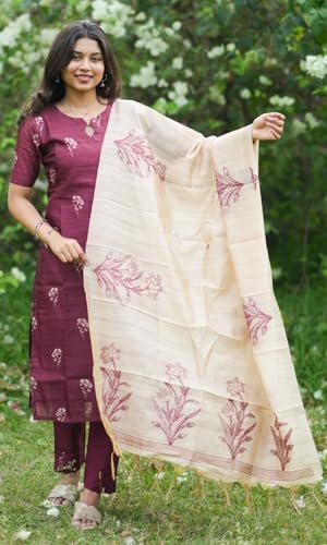 Image of Sun Fashion And Lifestyle Kurta Sets for Woman | Kurti Set | Women's 3 Piece Kurta Pant Dupatta Set | Chanderi Silk Kurta Woman | Elegant Suit for Women | Dupatta