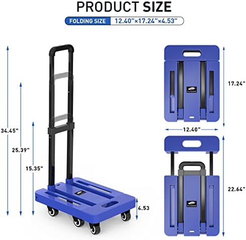 SPACEKEEPER Folding Hand Truck, 227KGS Heavy Duty Platform Truck Utility Cart with 6 Wheels & 2Elastic Ropes for Luggage, Travel, Auto, Shopping, Moving and Office, Black