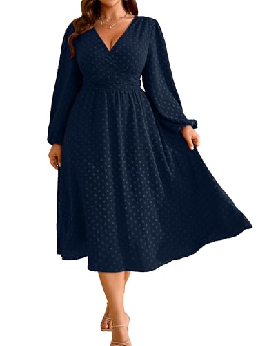 RWJ Women's Plus Size Fall Wedding Guest Dress Wrap V Neck Swiss Dot Lantern Long Sleeve Swing Boho...
