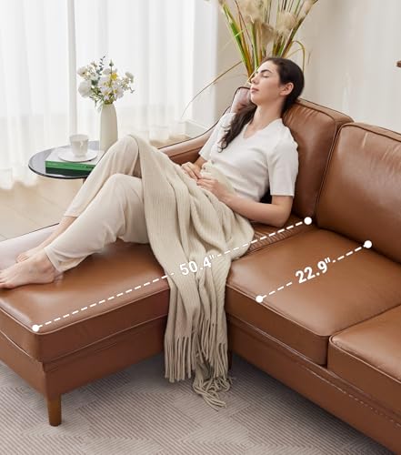 Image of Kingfun 88 inch L-Shape Sofa, Faux Leather Sectional Couch, Mid Century Modern Couches with Solid Wood Frame for Living Room Bedroom