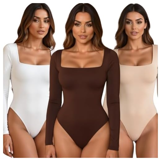 Combo com 3 Body Modelador Feminino com Manga Longa Decote Quadrado Luxo – Maiô Efeito Lipo, Design Cintura de Pilão, Empina o Bumbum (BRANCO, MARROM, NUDE, TAM ÚNICO 36 ao 42)