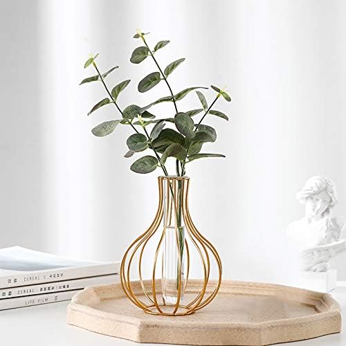 Zhooshz Gold Geometric Metal Frame Clear Glass Tube Flower Bud Vase | Bulb-Shaped Design and Handcrafted Curvature | Decoration and Centerpiece for Home, Office, Weddings and Parties