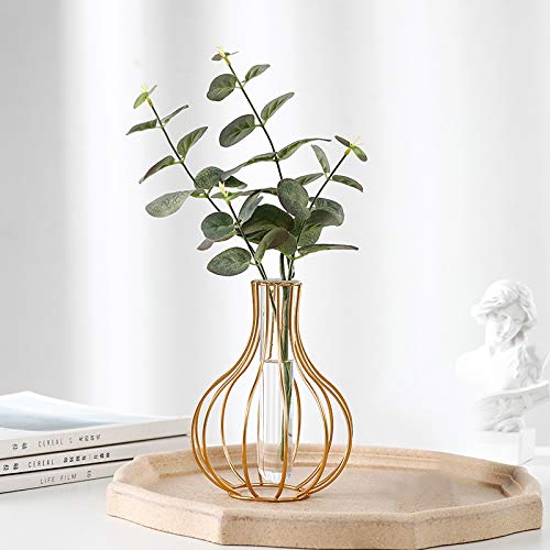 Zhooshz Gold Geometric Metal Frame Clear Glass Tube Flower Bud Vase | Bulb-Shaped Design And Handcrafted Curvature | Decoration And Centerpiece For Home, Office, Weddings And Parties #TOP30