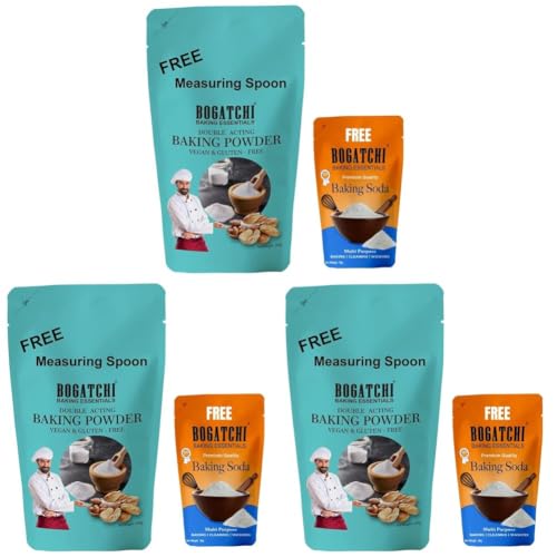 Image of BOGATCHI Double Acting Baking Powder and Baking Soda for Making Cake, Breads, Pizza, Muffins, Dhokla, Idlis, Naans |Baking Ingredients | Baking Soda, Cooking Soda, 200g, Free Measuring Spoon