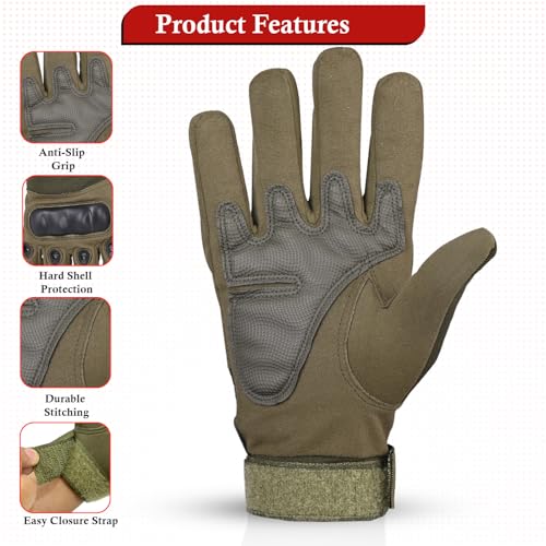 Image of Pivalo Full Finger Bike Riding Gloves with Strong Protective Shells Anti-Skid Surface Breathable Material Glove for Motorcycle Cycling Climbing Mountaineering (Military Green, L)