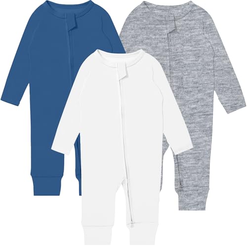 Image of GUISBY Long Sleeve Cotton Pajamas Footless Baby Bodysuits with Zipper and Mittens 3-Pack for Boys Girls