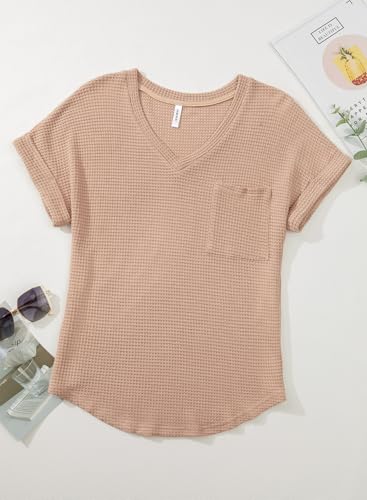 Dokotoo Womens Waffle Knit Tops 2025 Fall Summer V Neck Shirts Casual Trendy Women’s Blouses Basic Tee