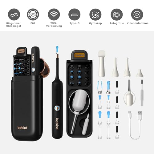 BEBIRD Pro Ohrenschmalz Entferner Otoskop, Biegsamer Ohrenreiniger mit Kamera，Ohrenreiniger-Kamera mit Pinzette und HNO-Zubehör für Erwachsene,Kinder（Schwarz）