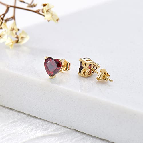 14K Real Gold Heart Stud Earrings For Women Girls,Yellow Gold Love Heart Earrings With Topaz/Garnet/Ruby Post Piercing Jewelry Gifts For Birthday Christmas (1-Garnet) #TOP3