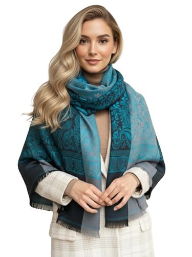 The Accessory Co. Women Pashmina Scarf Shawl Wrap - Large Long Paisley Floral Ladies Scarves, Wearable Blanket Scarf, Winter Scarfs, Indian Shawl Wedding Stole, Head Scarf, Yoga Gift (Teal)