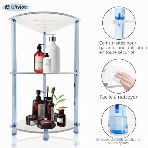 Cityjoy Tabouret d'angle en acrylique transparent pour salle de bain, salle de bain, salle de bain, rasage, savon, shampooing, parfum (3 niveaux, bleu clair) – vue 5