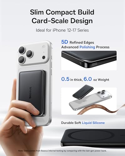 Image of Baseus Picogo Power Bank, 0.5 inch Ultra Slim 10000mAh MagSafe Portable Charger, Upgraded CCC Certified 27W Fast Charging Magnetic Battery Pack, Alloy Wireless Charger for iPhone 17 /16 /15 /14 /13 /12