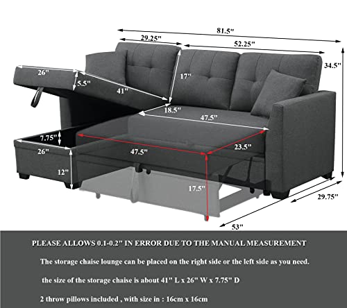 Sleeper Sectional Sofa Pull Out Sofa Bed For Small Spaces Small Sectional Couch Bed For Living Room With Storage Chaise For Apartment Bedroom,Guest Room, Dark Grey #TOP5