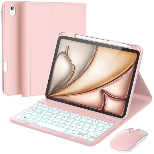 Image of RAYMCRAFT for iPad Air 11-inch Case with Keyboard M4 /M3 /M2 (2026 /2025 /2024), Mouse and Detachable Wireless Keyboard Combo for iPad Air 5th /4th 10.9-inch, 7-Color Backlight with Pencil Holder, Pink