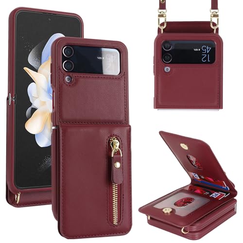 Cavor for Samsung Galaxy Z Flip 4 Case Wallet with for Women,Galaxy Z Flip 4 Case with Strap,Crossbody Strap Lanyard Card Holder Stand,Flip 4 Phone Case Cute,Leather Zipper Pocket Cover-Wine Red