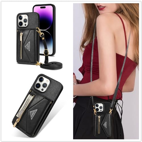 Étui à bandoulière iPhone 15 Pro, portefeuille magnétique en cuir avec béquille intégrée
