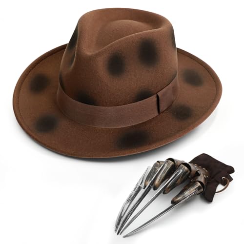 ZEKLZD Burned Brown Fedora Hat and Glove for Adult Zombie Hats Horror Movie Killer Cosplay Halloween Costume Accessory