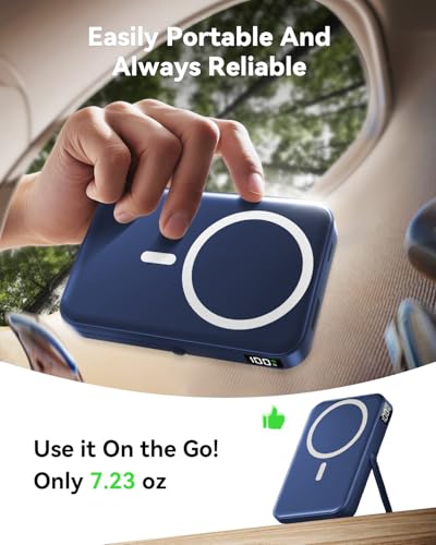 Image of Portable Charger for Magsafe Battery Pack,10000mAh Power Bank with Foldable Stand,Travel Essential PD 22.5W Fast Charge,Magnetic Charge Wireless Charger for iPhone 17 /16 /15 /14 /13 (Navy)