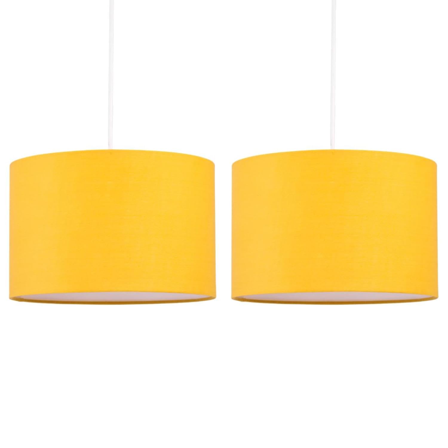 Set of 2 Ochre Mustard Yellow Ceiling Light Shades Easy Fit Ceiling Lightshade Modern 25cm Drum Shade Cotton Fabric