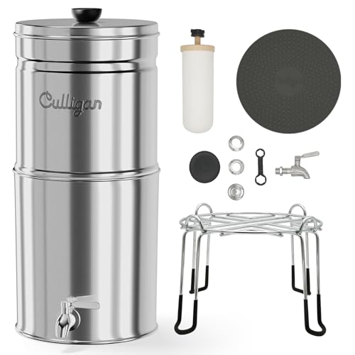 Image of Culligan MaxClear 3 Gallon Gravity Water Filter System, Polished Stainless-Steel Countertop Water Filter NSF /ANSI Certified to Reduce Microplastics, Lead & Total PFAS, with 6 Ceramic Filters