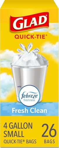 Image of Glad Small Trash Bags 4 Gallon, Febreze Fresh Clean Garbage Bags, Odor Resistant with Quick Tie, 26 Count