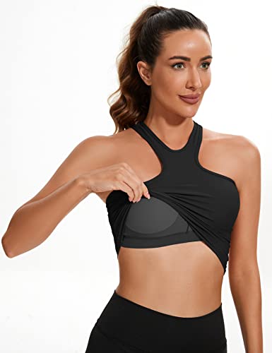 Loovoo Longline Padded Racerback Tank Tops With Built In Bra High Neck Sports Bra Summer Ribbed Workout Crop Tops Black #TOP4