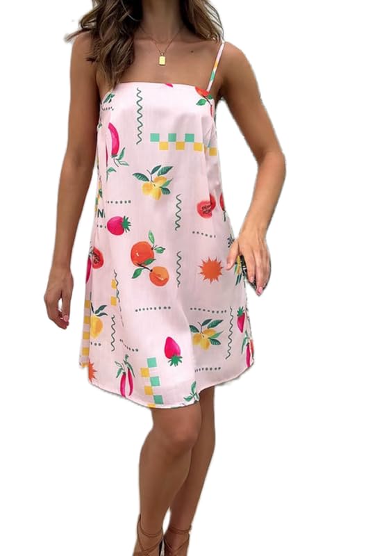 Image of ROAONOCOMO Women Boho Graffiti Cami Mini Dress Spaghetti Strap Printed A Line Short Dress Cute Colorful Sundress