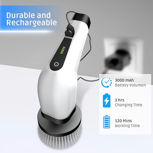 Image of an Store Electric Spin Scrubber - 2 Speeds Shower Scrubber with Long Handle 7 Replaceable Heads Shower Cleaner Brush Cordless Spin Brush for Cleaning (White)