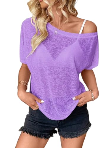 Image of Hilinker Women's Sheer Off The Shoulder Tops See Through Sexy Short Sleeve Mesh Shirt Summer
