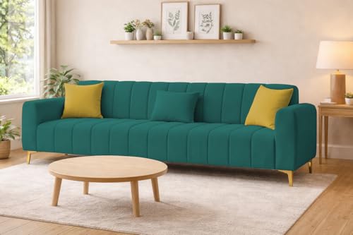 Image of Casaliving Velour Modern Velvet Sofa, Tufted Design Upholstered 3 Seater Sofa Set for Living Room, (Pine Colour) Premium Velvet Fabric Sofa