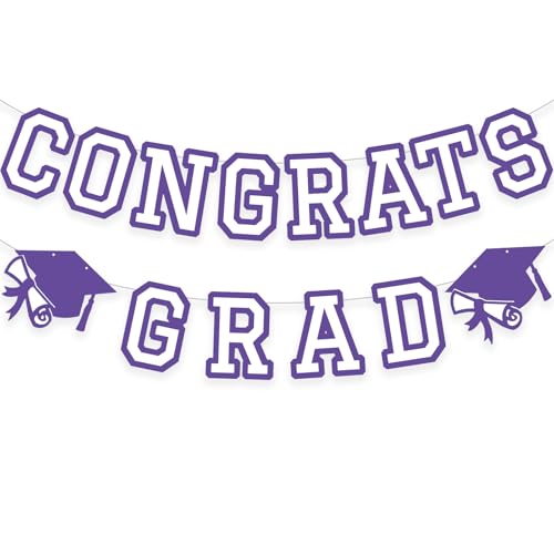 Image of Congrats Grad Banner Graduation Party Banner Decoration Hanging Garland High School College Backdrop Supplies Purple White