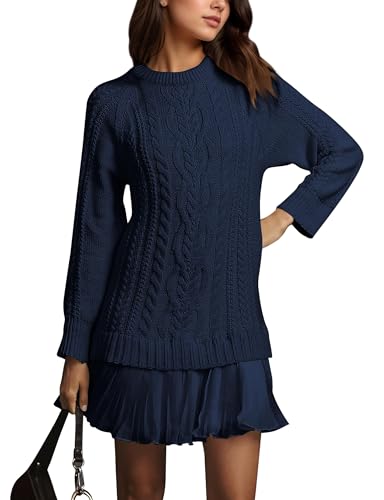 2025 Women Cable Knit Sweater Dress Crewneck Long Sleeve Pleated Mini Dress Twofer Style Patchwork Dress
