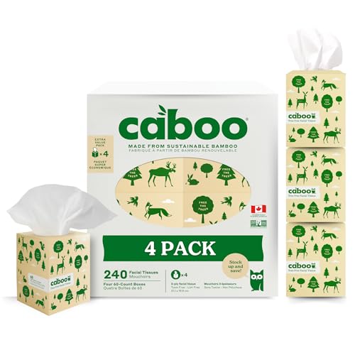 Caboo Pañuelos faciales sin árboles, papel de seda natural de 3 capas, paquete de 4, cajas de pañuelos hipoalergénicas ecológicas, 60 pañuelos por caja, 240 pañuelos en total