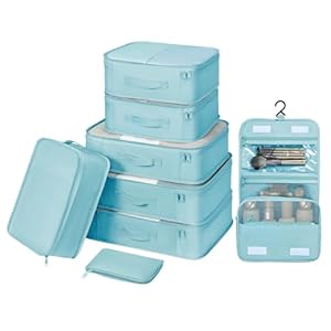 DIMJ Packing Cubes for Travel – 8 Pcs Travel Cubes for Suitcase Lightweight Travel Essential Bag with Large Toiletries Bag for Clothes Shoes Cosmetics Toiletries (Blue)