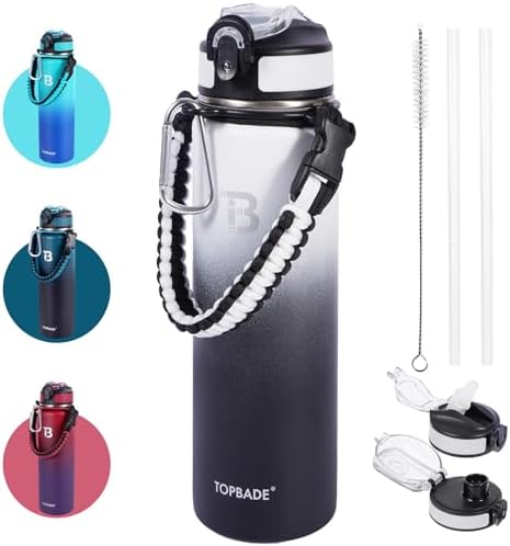 TOPBADE Trinkflasche Edelstahl 1L mit Strohhalm Deckel und Chug Deckel, 1000ml Auslaufsichere Doppelwand Wasserflasche mit Abnehmbarer Paracord Griff für Schule, Fitness, Outdoor,