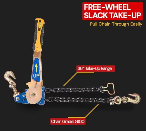 Image of Mytee Products 2 Pack 5 /16 inch-3 /8 inch Easy Ratcheting Chain Binder with Up to 36 inch Chain Take-Up, 5,400 lbs WLL, Heavy-Duty Tie Down Ratchet Load Binder with Grab Hooks for Flatbed Trailers & Trucks