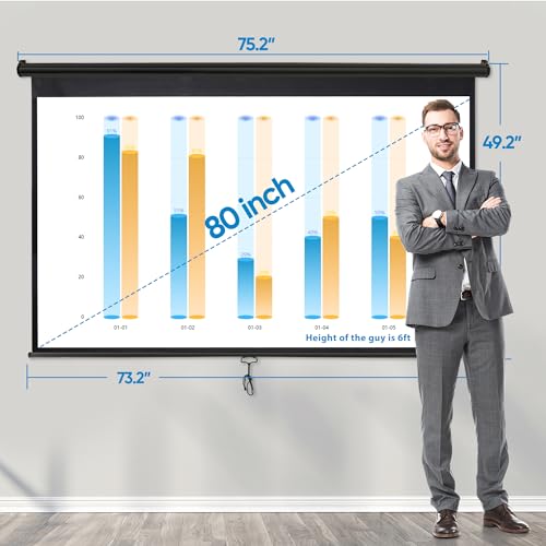 Image of ZENY Projector Screen Pull Down 80 Inch 16:9 HD, Manual Projection Screen Home Theater, Portable Indoor Outdoor Retractable Movie Screen Ceiling Wall Mount