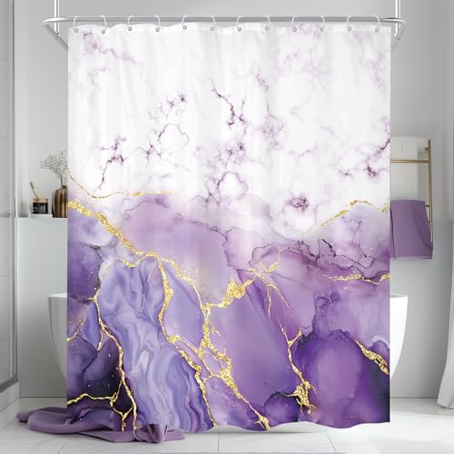 Cinbloo Purple Marble 60Wx72H Shower Curtain Abstract Lilac Gold Cracked